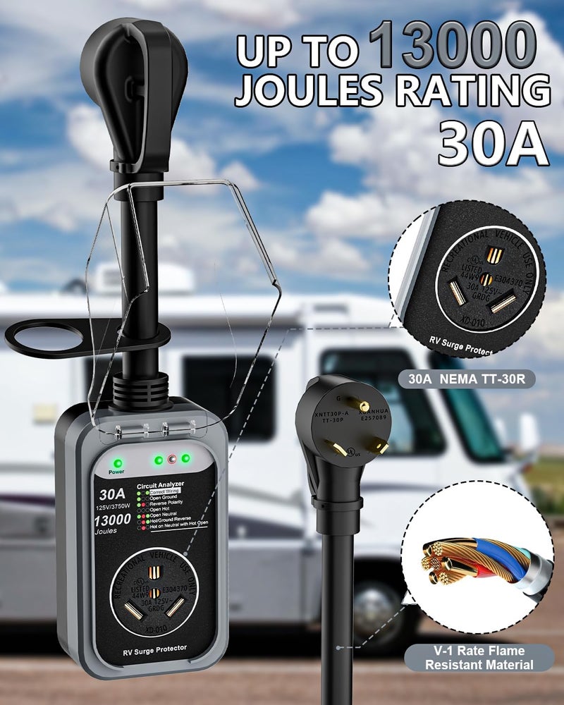 EPLCSE Store RV Surge Protector 30 Amp, 13000 Joules RV Circuit Analyzer with Waterproof Cover,RV Adapter Plug for Camper Travel Trailers (30AMP-Grey) - Image 4